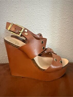 Vince Camuto Cognac Leather Wedge Sandals with Gold Accents